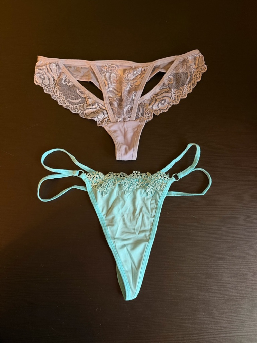 Lace & Strappy Thong Duo - Mint and Light Beige